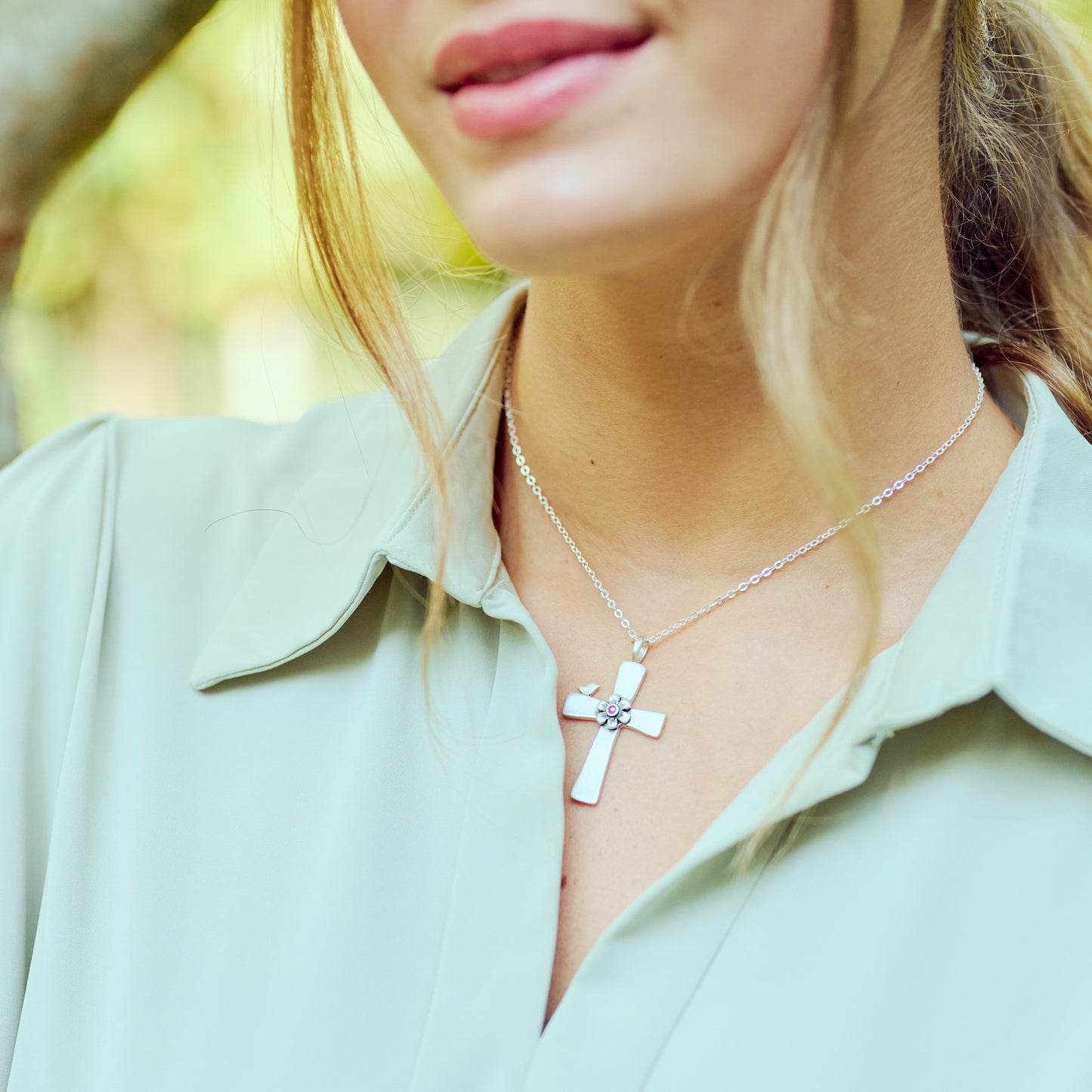 Birdie Birthstone Bloom Cross necklace {sterling silver}