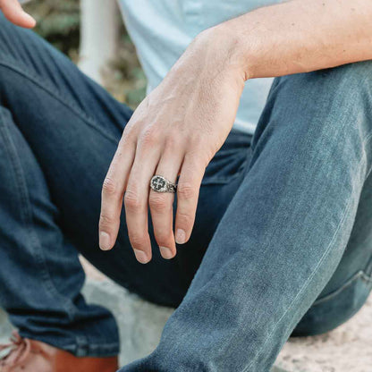 man wearing an Ancient Cross Signet Ring