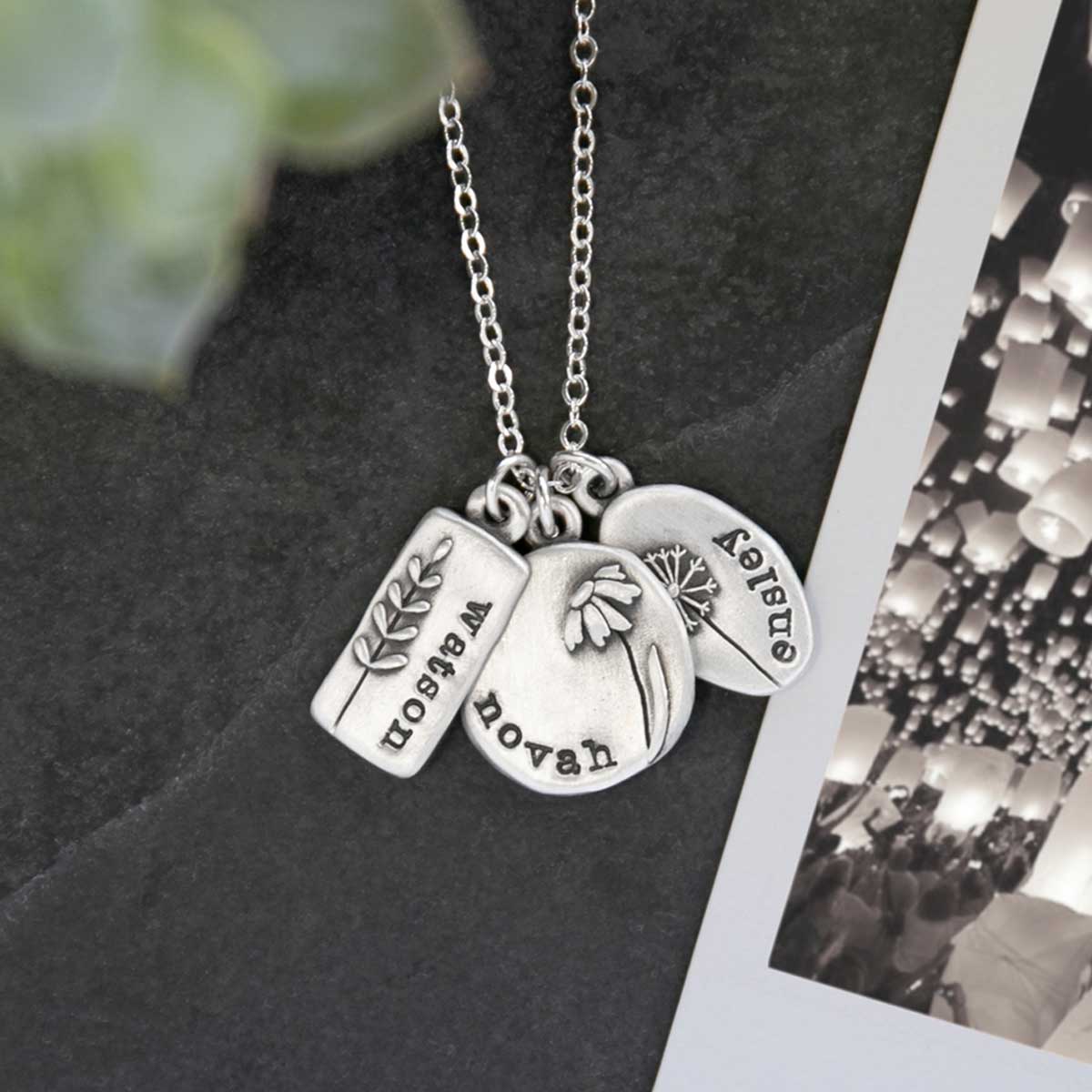 Personalized sterling silver be you wildflowers necklace with 3 sterling silver charms