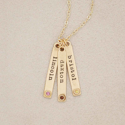 Bezel birthstone necklace handcrafted in 14k yellow gold with choice of genuine stone or diamond and personalized with a special name