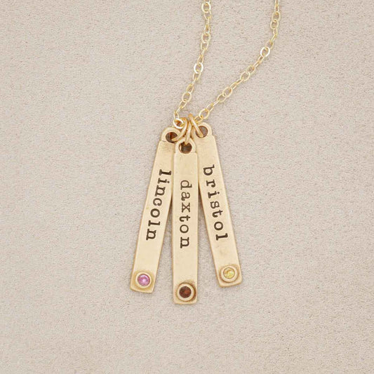 Bezel birthstone necklace handcrafted in 14k yellow gold with choice of genuine stone or diamond and personalized with a special name