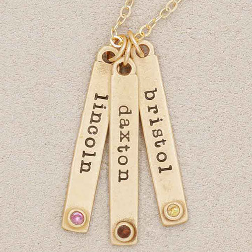 Bezel birthstone necklace handcrafted in 14k yellow gold with choice of genuine stone or diamond and personalized with a special name