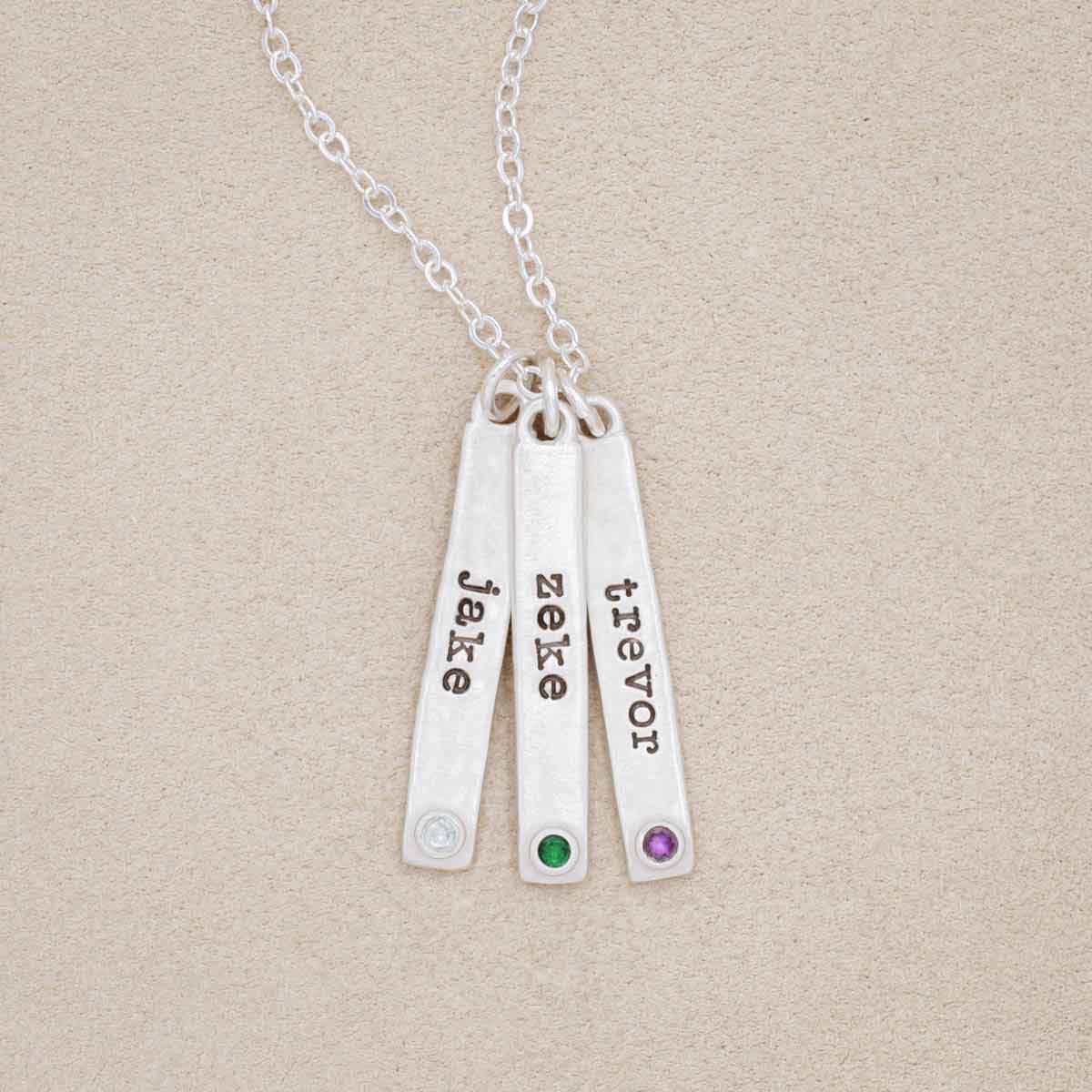 Bezel birthstone necklace handcrafted in sterling silver with choice of genuine stone or diamond and personalized with a special name