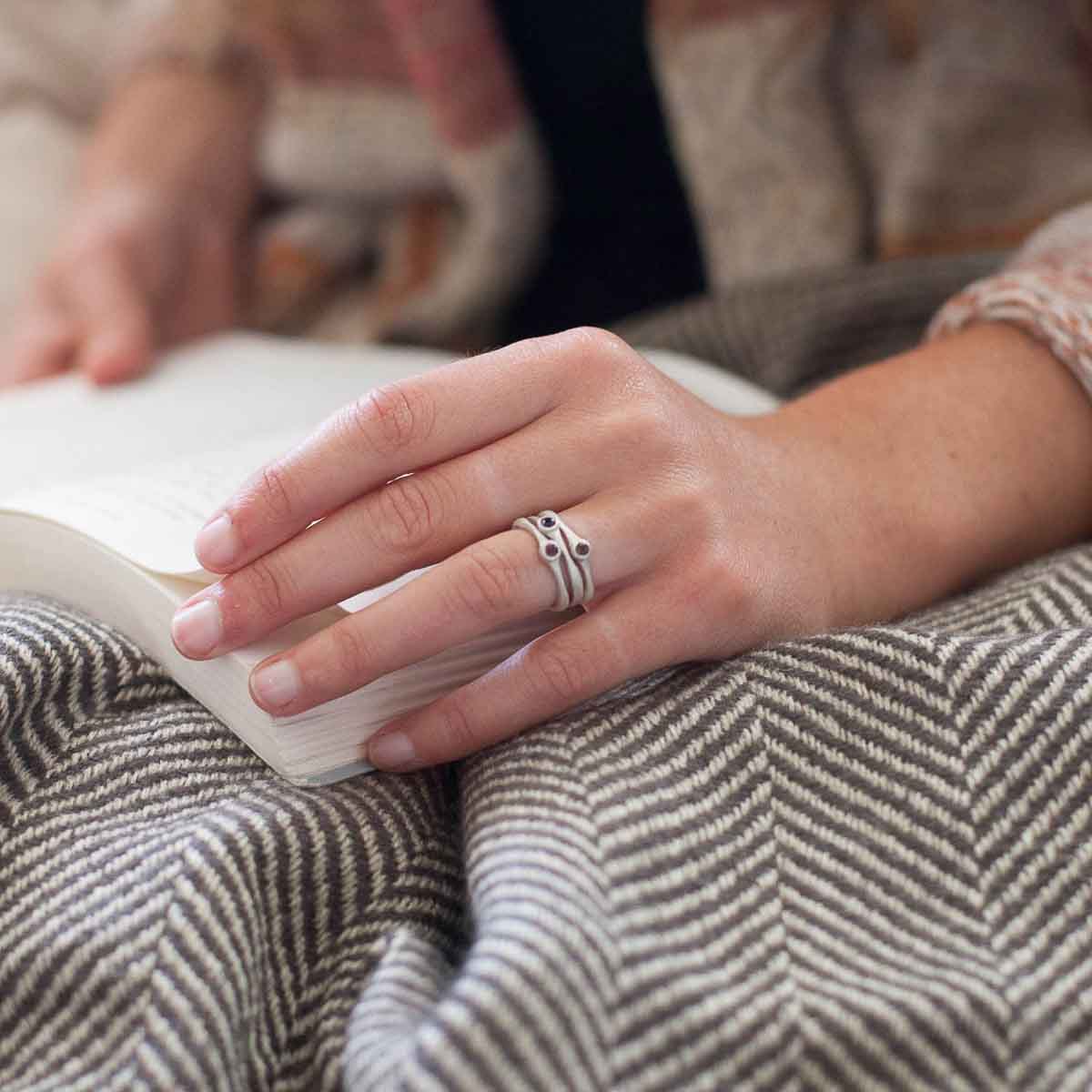 Girl wearing Bezel birthstone ring handcrafted in sterling silver set with a 3mm birthstone inside a sterling bezel