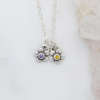 sterling silver birthstone bloom necklace with two flower charms containing 2mm genuine birthstones 