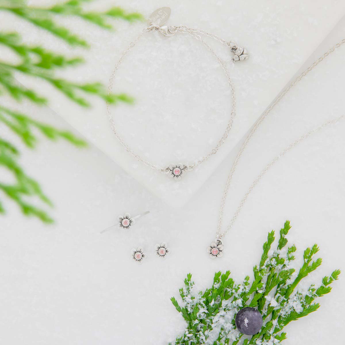 sterling silver birthstone bloom necklace with two flower charms containing 2mm genuine birthstones 