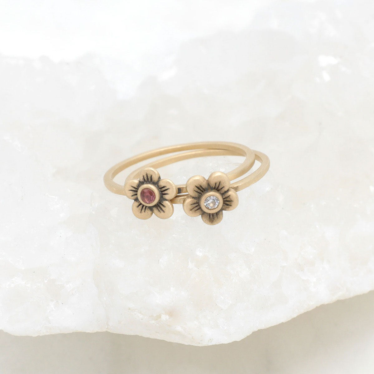 Birthstone bloom ring  handcrafted in 10k yellow gold with an antiqued/satin finish set with a 2mm birthstone 