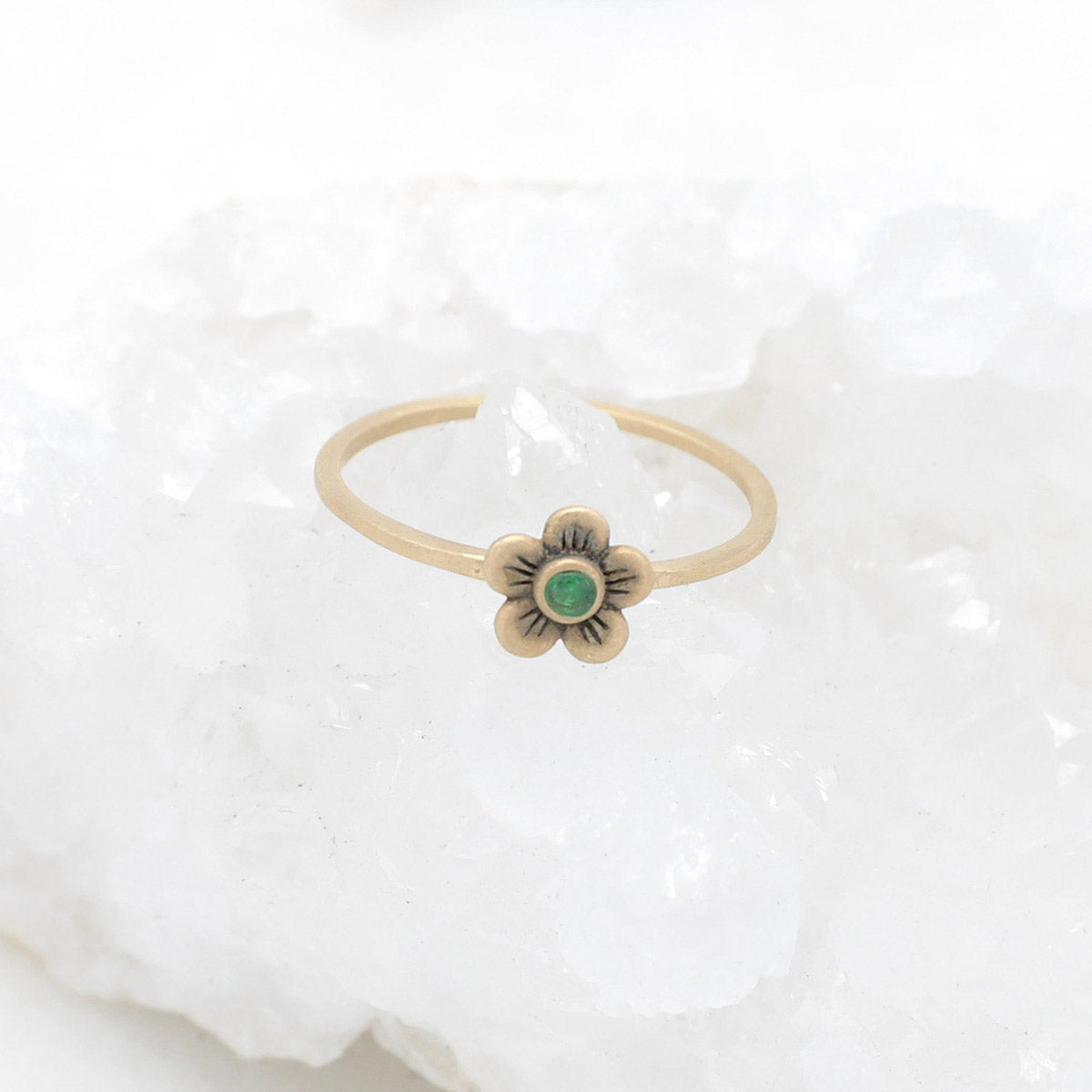 Birthstone bloom ring  handcrafted in 10k yellow gold with an antiqued/satin finish set with a 2mm birthstone 