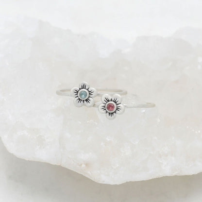 Birthstone bloom ring  handcrafted in sterling silver with an antiqued/satin finish set with a 2mm birthstone 