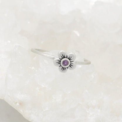 Birthstone bloom ring  handcrafted in sterling silver with an antiqued/satin finish set with a 2mm birthstone 