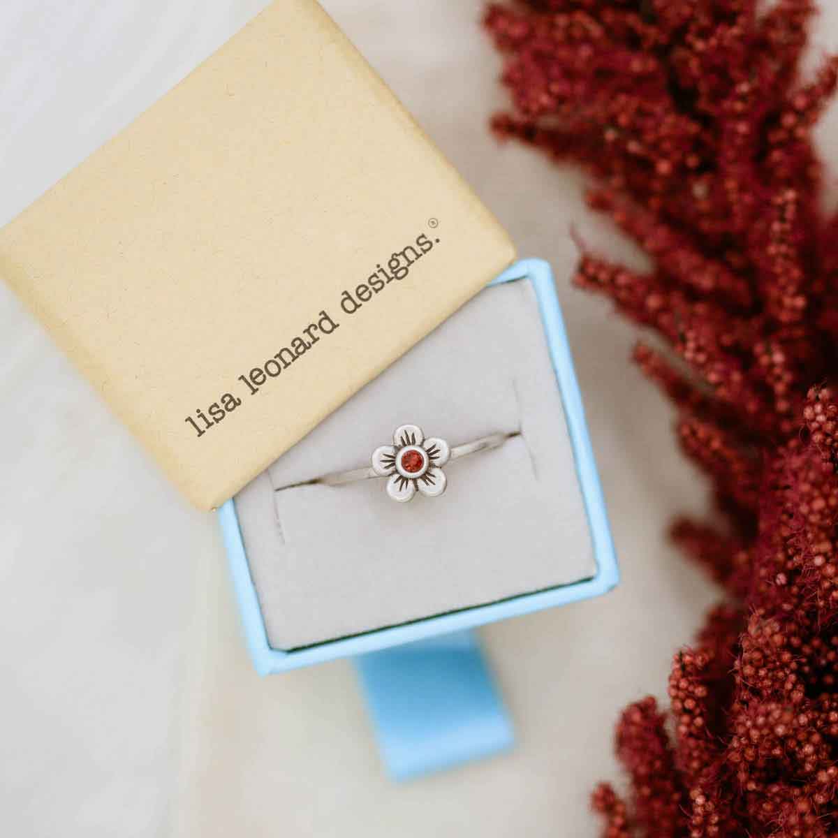 Birthstone bloom ring  handcrafted in sterling silver with an antiqued/satin finish set with a 2mm birthstone