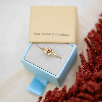 Birthstone bloom ring  handcrafted in 10k yellow gold with an antiqued/satin finish set with a 2mm birthstone 