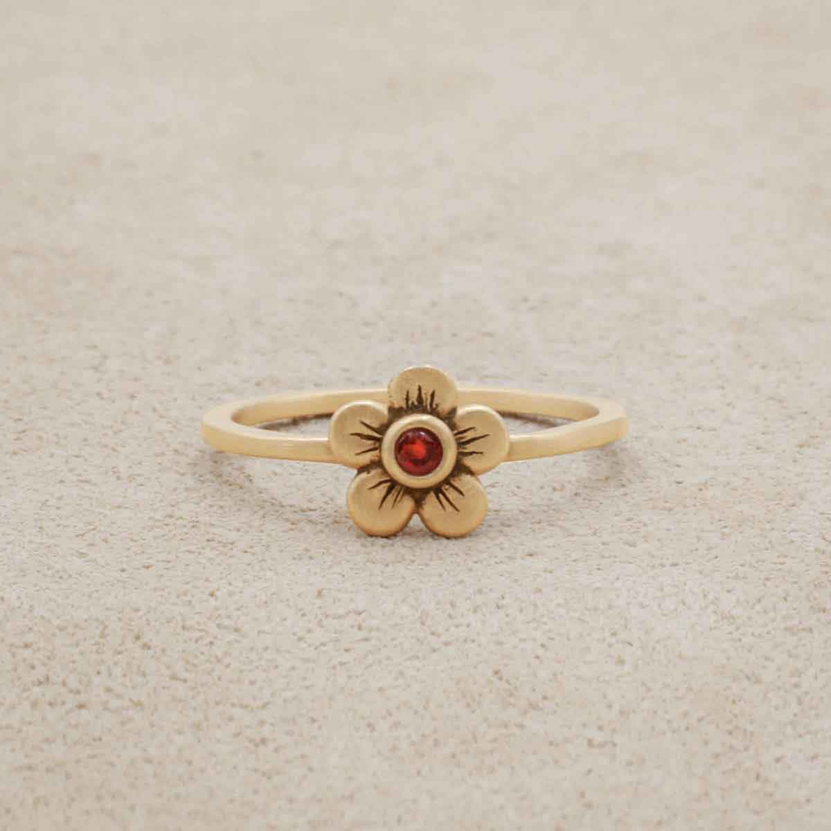 Birthstone bloom ring  handcrafted in 14k yellow gold with an antiqued/satin finish set with a 2mm birthstone