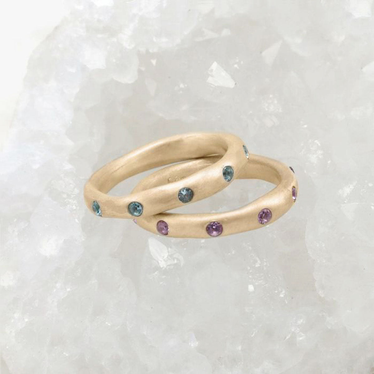 Stackable birthstone rings handcrafted in 14k yellow gold with 2mm birthstones 