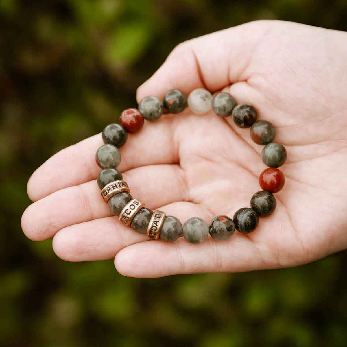 man wearing a Blood Stone Beaded Name Bracelet