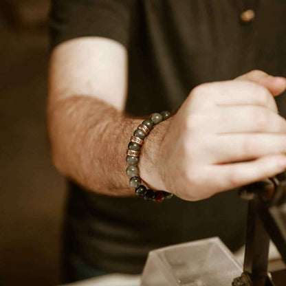 man wearing a Blood Stone Beaded Name Bracelet