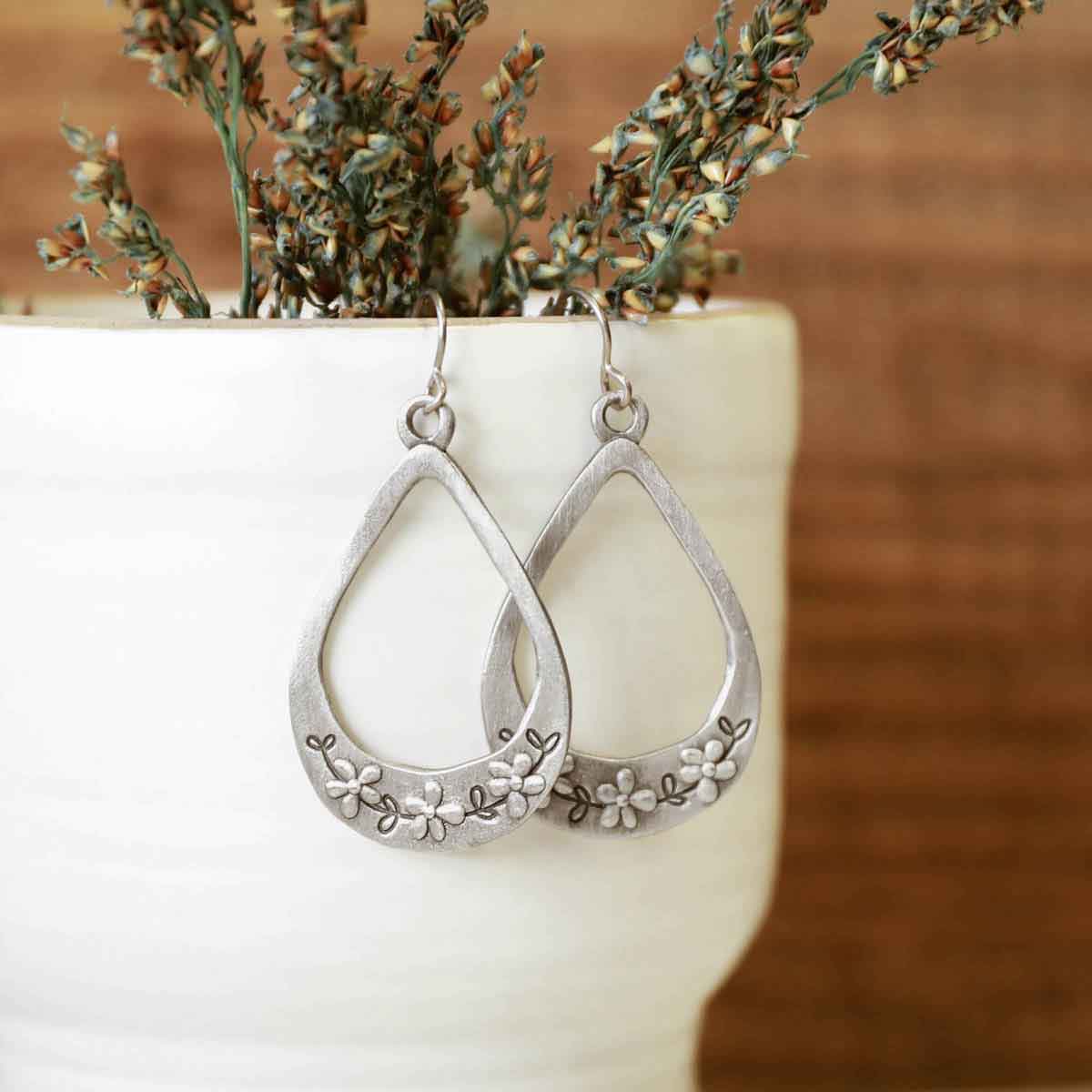 bud and blossom drop earrings handcrafted in pewter