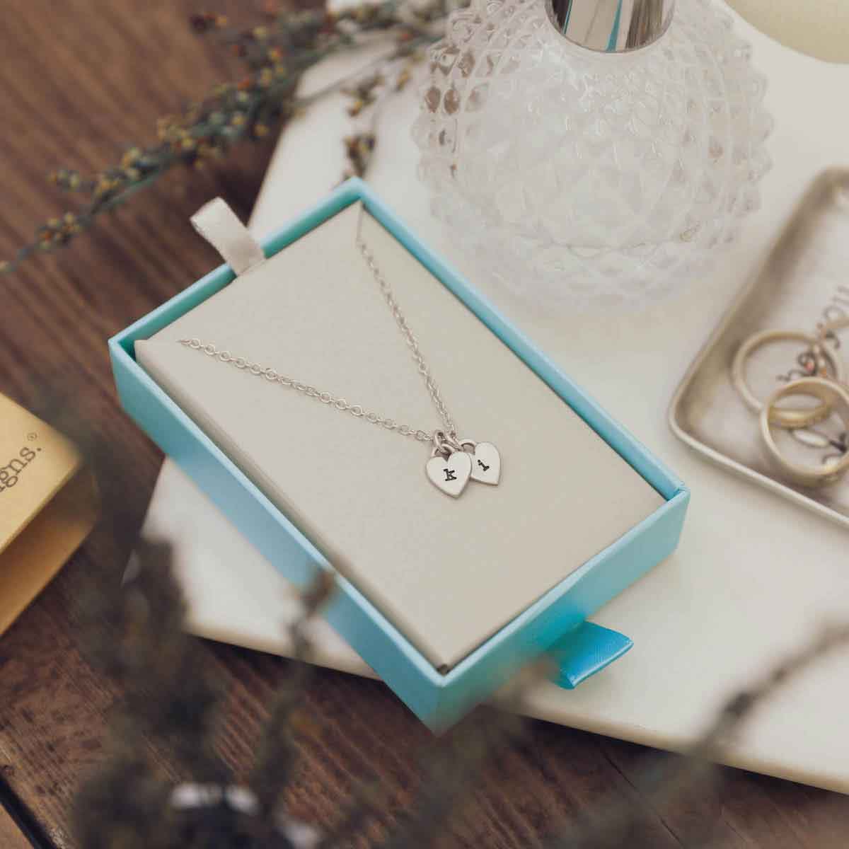 Cherished hearts initials necklace handcrafted in sterling silver including two customizable sterling silver charms