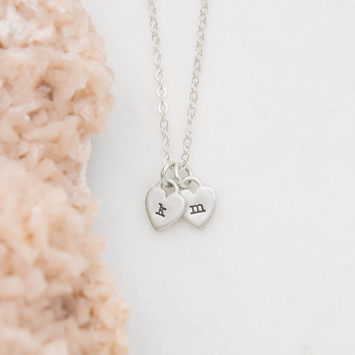 Cherished hearts initials necklace handcrafted in sterling silver including two customizable sterling silver charms