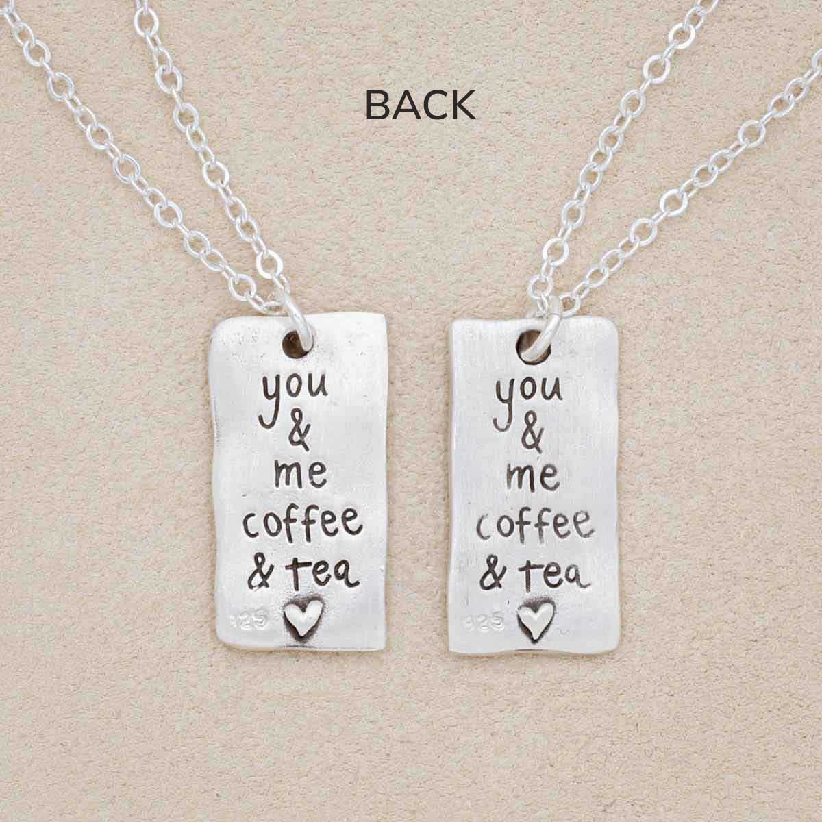 Coffee and tea necklace set handcrafted in sterling silver with a matte brushed finish with engravings to be connected and shared with someone