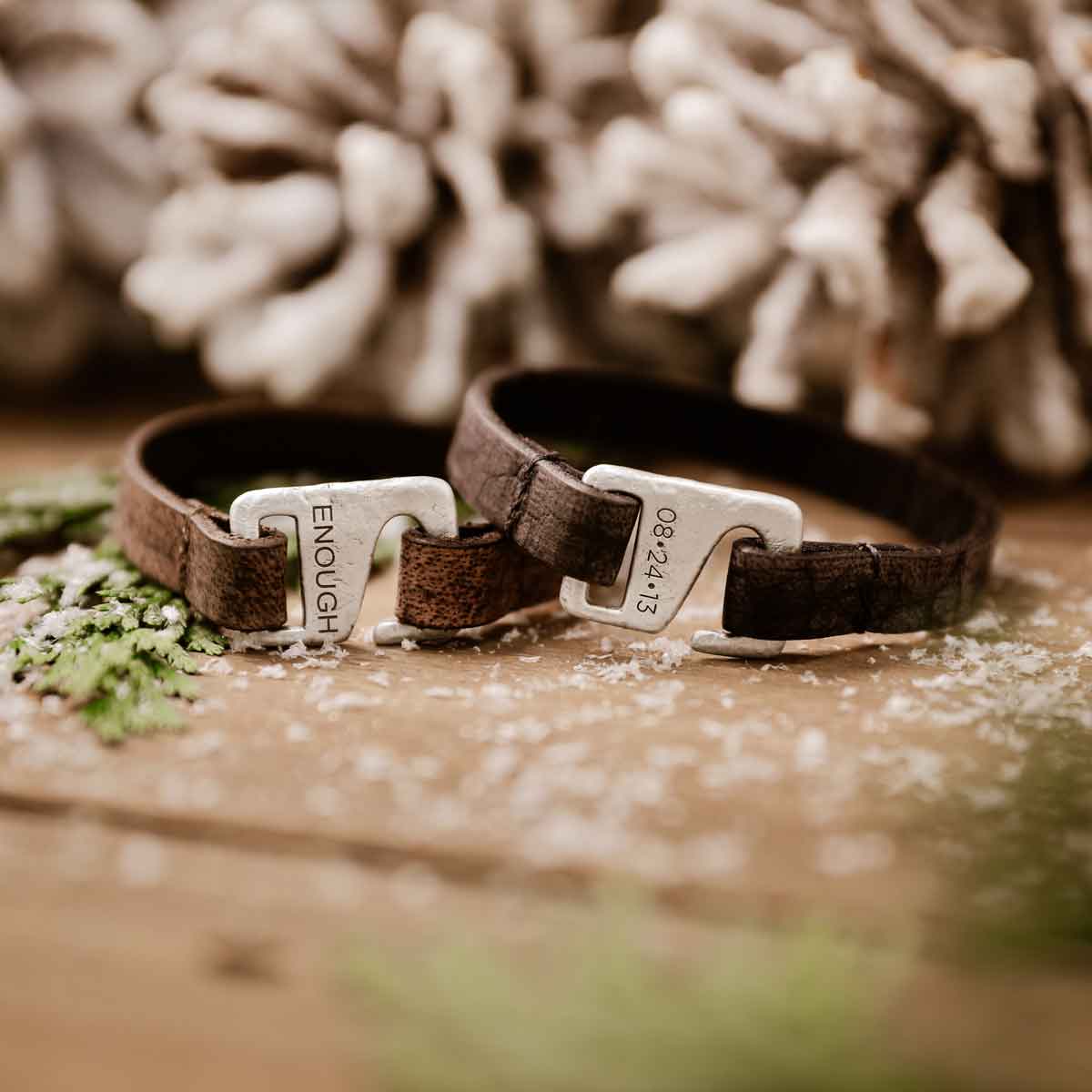 Black Connection bracelet handcrafted with a distressed black leather strap and a sterling silver closure customizable with a name