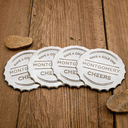 close up of the Crafting Memories Coaster on a wooden table with a beer bottle 