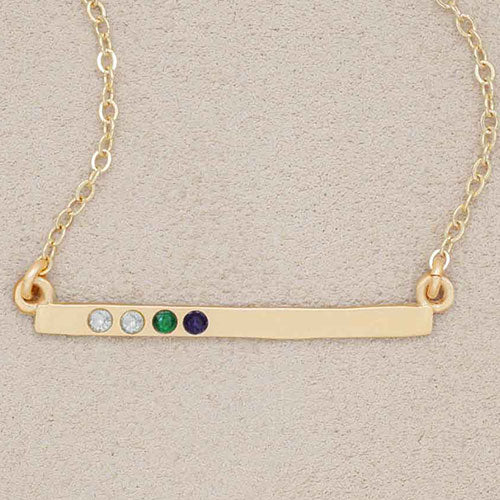 14k yellow gold cross bar birthstone necklace strung on a gold-filled link chain customizable with up to 7 genuine 2mm birthstones 