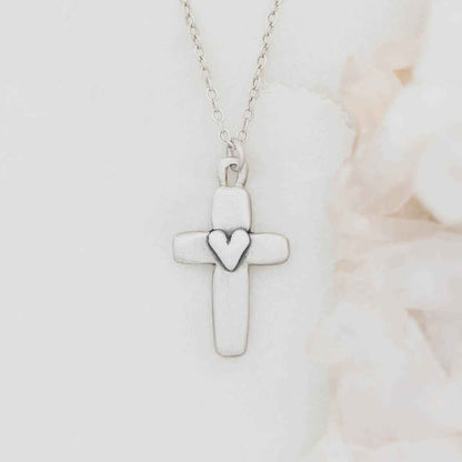 Handcrafted sterling silver cross of faith necklace strung on a sterling silver link chain