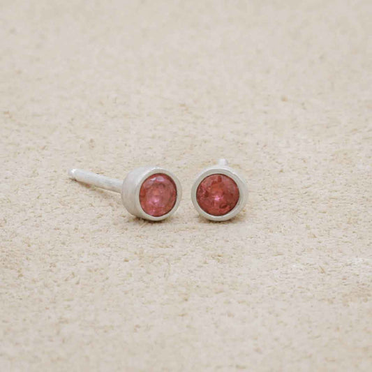 3mm Dainty Finespun Birthstone Stud Earrings - Medium in sterling silver, on a beige background