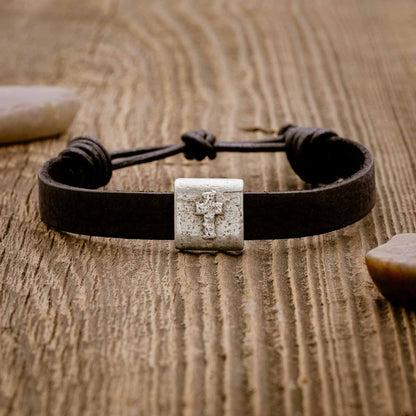 Equitable Leather Cross bracelet handcrafted in black latigo leather with a pewter bead