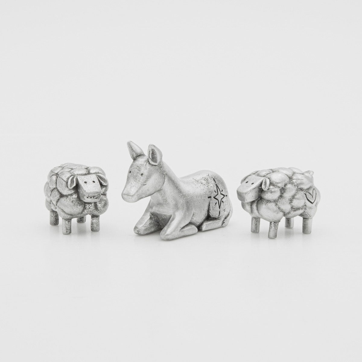 extra animal nativity figurine set hand-molded and cast in fine pewter including two sheep and a donkey