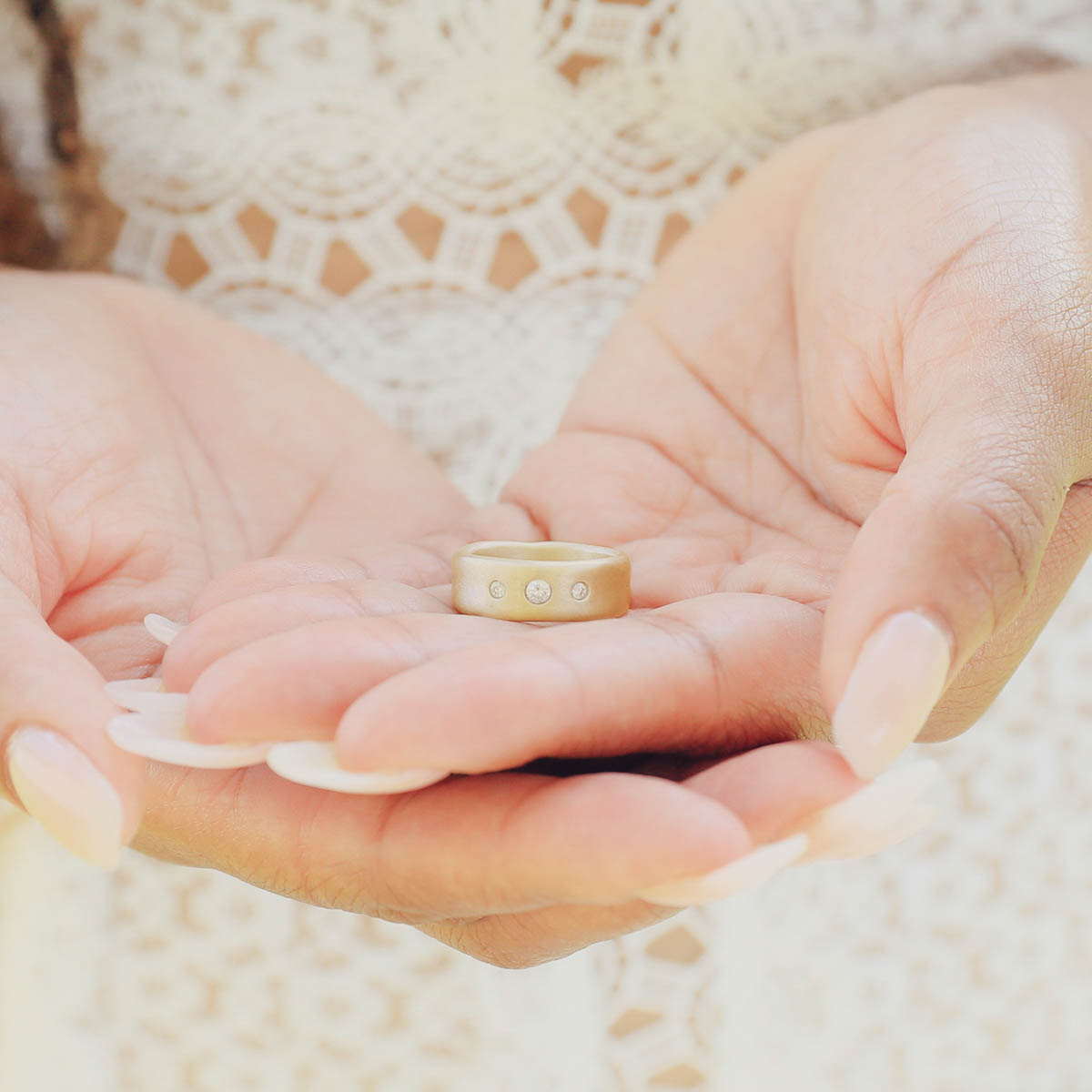 Faith Hope and Love ring hand-molded in 10k yellow gold set with a 3mm birthstone or diamond and two 2mm stones on the sides 