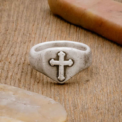 Faith Hope and Love Cross Signet ring handcrafted in sterling silver with an antiqued finish