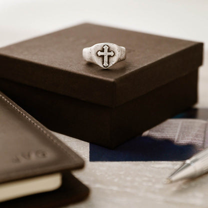 Faith Hope and Love Cross Signet ring handcrafted in sterling silver with an antiqued finish 