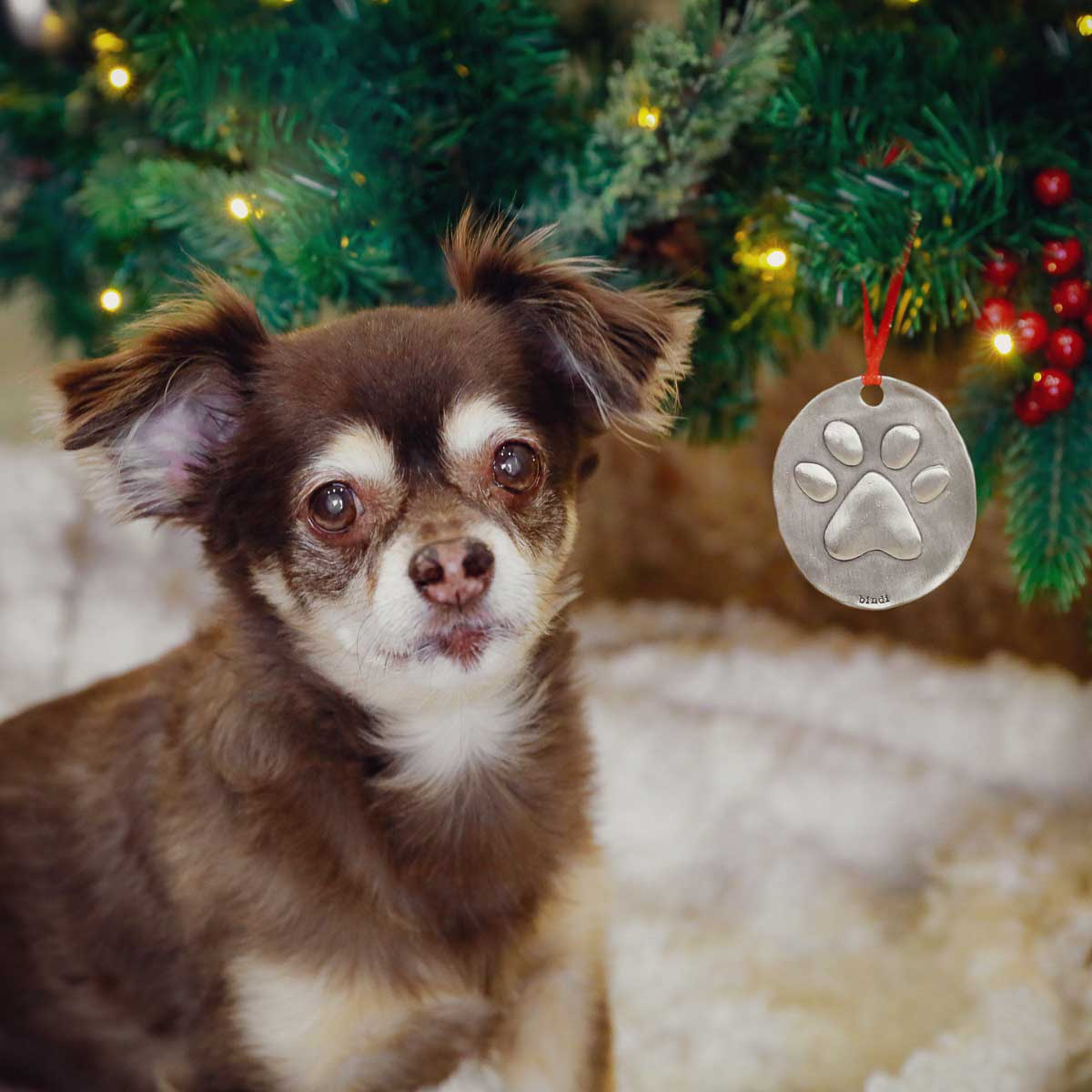 furry footprint ornament hand-molded and cast in fine pewter and personalized with a meaningful name