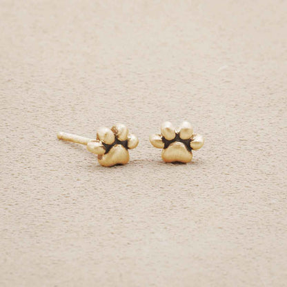 Furry Footprint Stud Earrings, handcrafted in 10k yellow gold