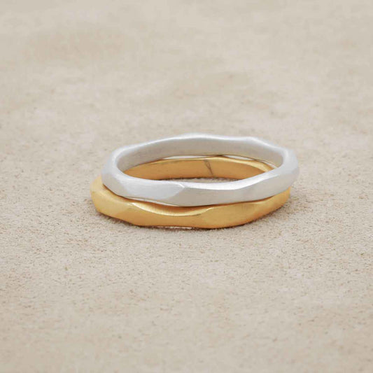 Geometric stacking ring handcrafted in yellow gold sterling silver and stackable with other mix and match stacking rings