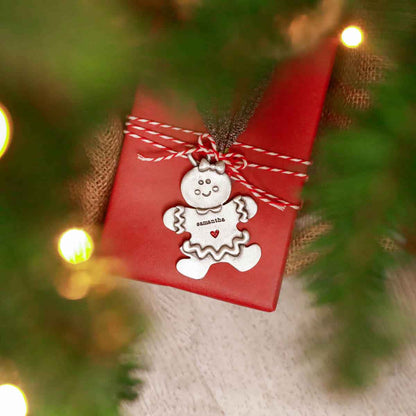 Gingerbread girl ornament hand-molded and cast in pewter with a personalized name