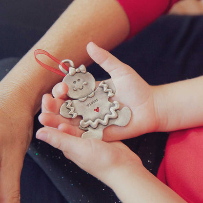 Gingerbread girl ornament hand-molded and cast in pewter with a personalized name