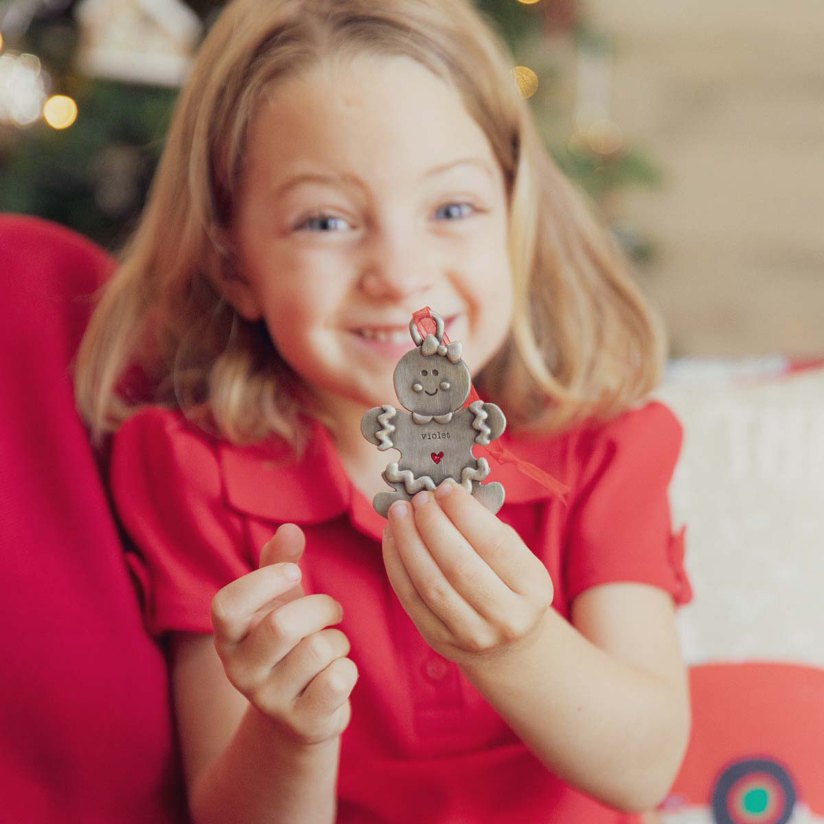 Gingerbread girl ornament hand-molded and cast in pewter with a personalized name