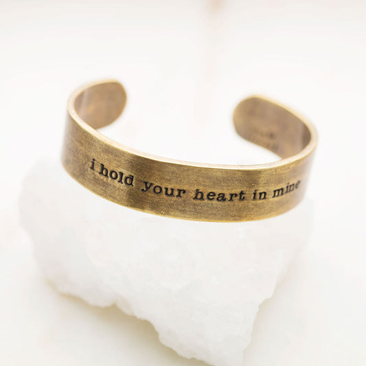 Handcrafted artisan bronze-plated pewter I hold your heart cuff bracelet