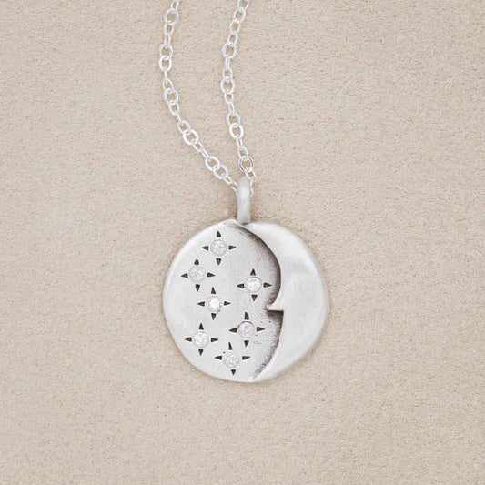 I love you moon and stars necklace handcrafted in sterling silver and set with up to 7 crystal stones the size of 2mm and engraved on the back