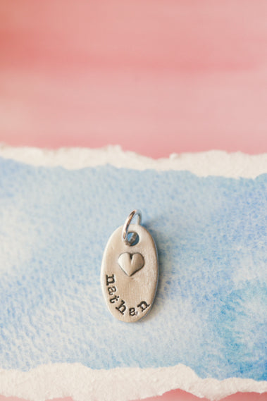 Tiny Oval With Heart Charm {Pewter}