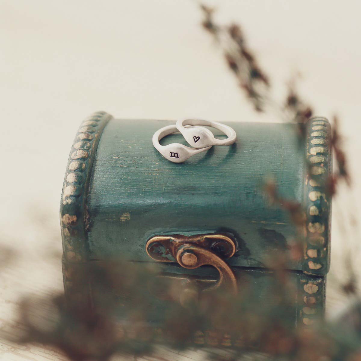 Pair of Initial stacking rings handcrafted and cast in sterling silver then hand-stamped with an initial