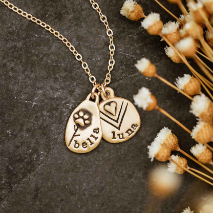 14k yellow gold jumble of love necklace with 2 personalized charms with special names