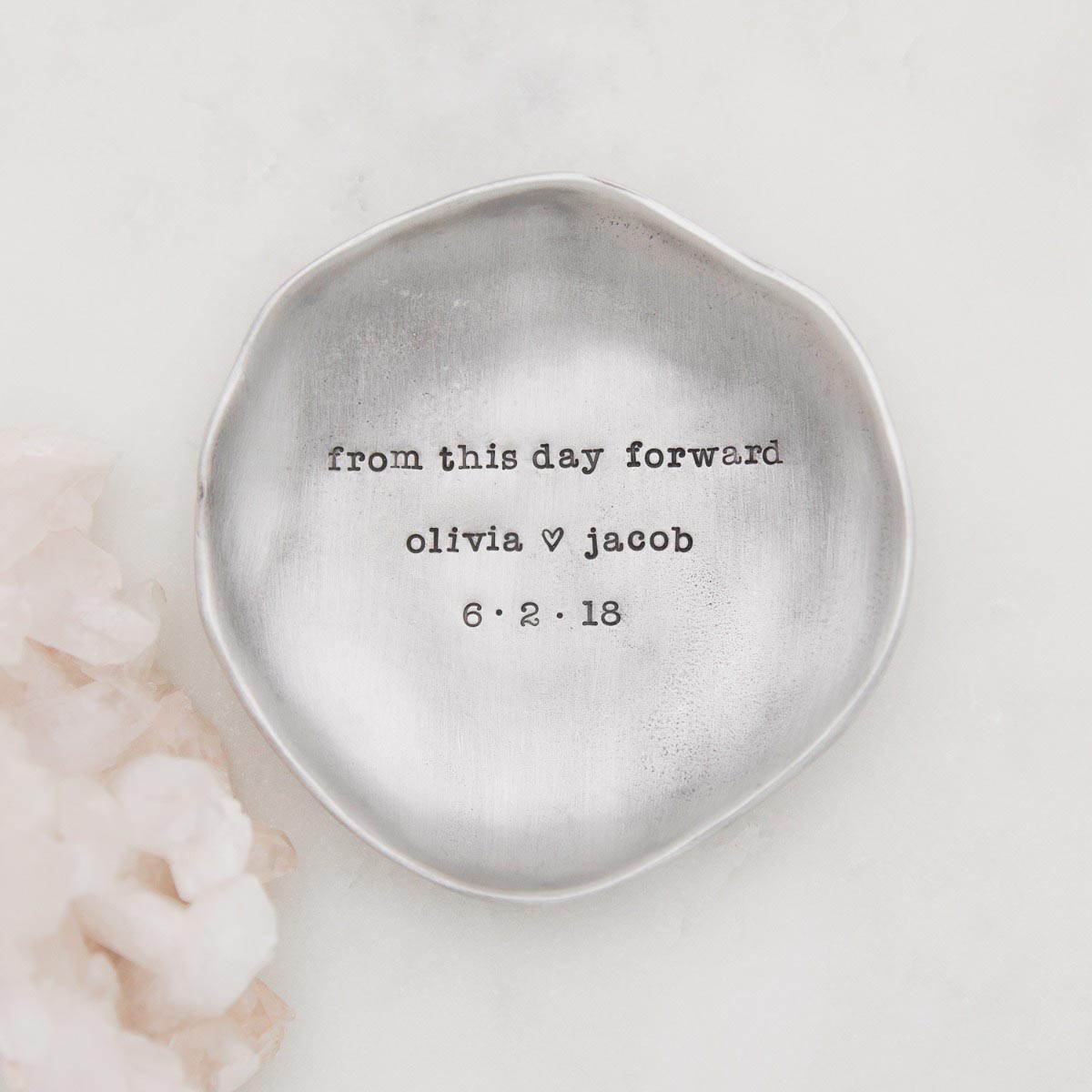 Handcrafted pewter keepsake dish customizable with up to 4 lines of special names