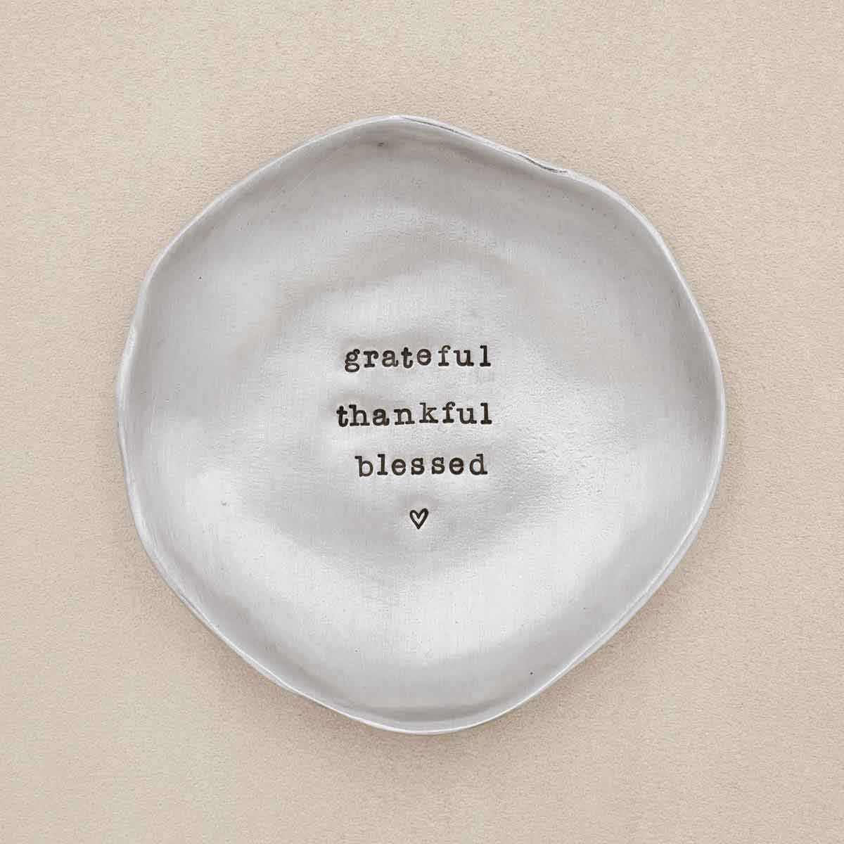 Handcrafted pewter keepsake dish customizable with up to 4 lines of special names, phrases or dates