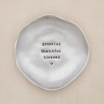 Handcrafted pewter keepsake dish customizable with up to 4 lines of special names, phrases or dates