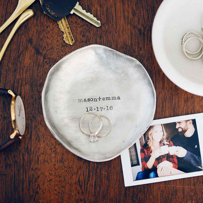 Handcrafted pewter keepsake dish customizable with up to 4 lines of special names