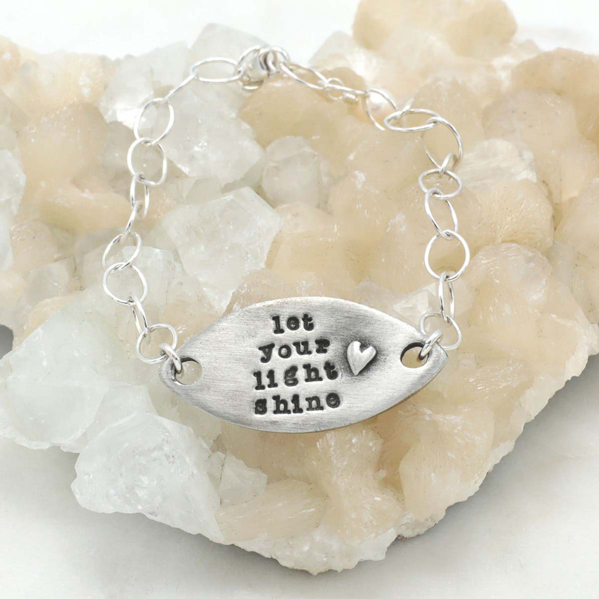 Handcrafted let your light shine pewter bracelet with a matte brushed finish